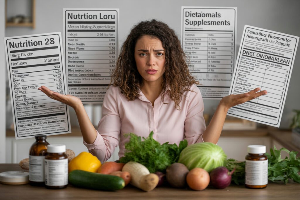 nutrition for health,Confused woman surrounded by conflicting nutrition labels, fresh vegetables, and dietary supplements representing common nutrition myths