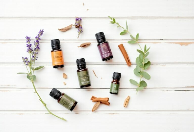 The best essential oils for skin, A flat lay of essential oil bottles surrounded by lavender, eucalyptus leaves, and cinnamon sticks on a white wooden surface