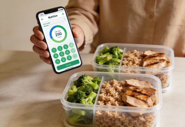 Person using nutrition calculator on smartphone while holding healthy meal prep containers with vegetables and protein