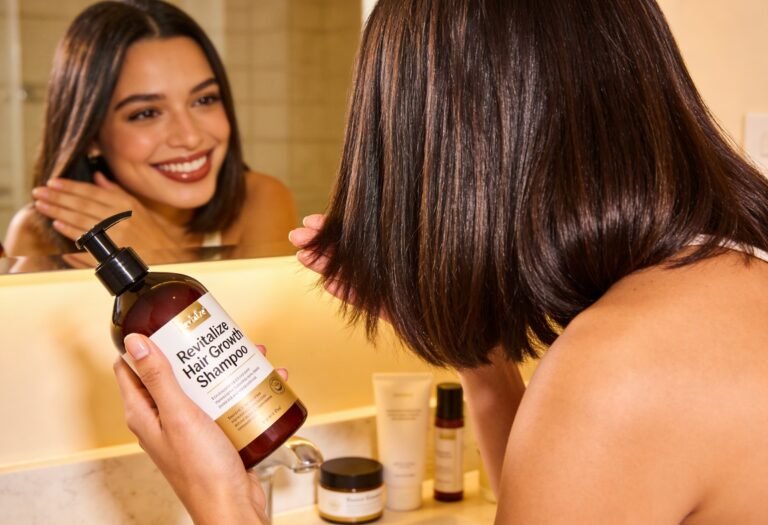 Woman examining healthy hair growth in mirror after using best shampoo for thinning hair treatment