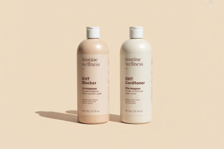 Routine Wellness Anti-Thinning Shampoo bottle with before and after hair growth results showing reduced shedding and regrowth