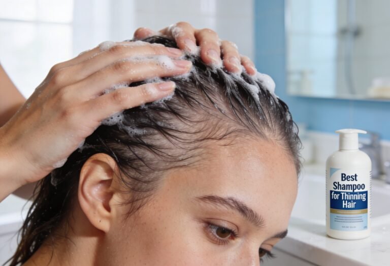 Woman gently massaging the best shampoo for thinning hair into her scalp while standing in a bright bathroom
