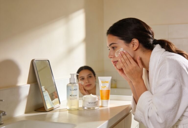 Woman following essential basics of skincare routine applying cleanser moisturizer and sunscreen with skincare products arranged on bathroom counter