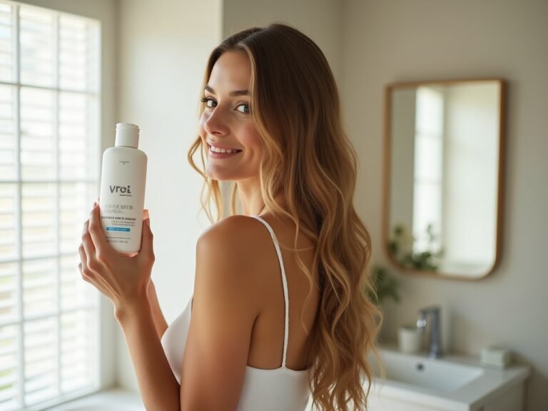 Woman with fine shiny hair holding a sulfate free shampoo bottle in a bright bathroom with soft natural volume