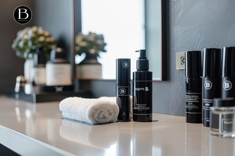 Top 5 best face washes for men lined up on a clean bathroom counter with skincare products