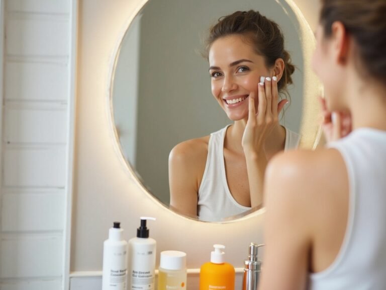Best skin care products arranged neatly on a clean bathroom shelf with serum, cleanser, moisturizer, and sunscreen