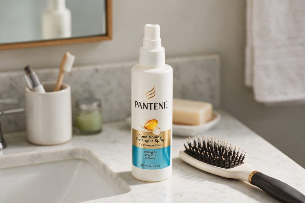 Bottle of Pantene Conditioning Detangler Spray for damaged hair
