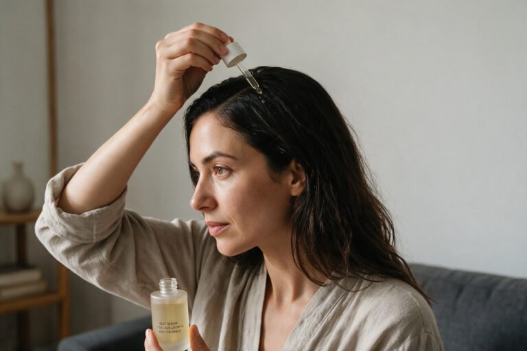 Comparison chart of hair growth serum ingredients including minoxidil, peptides, rosemary oil, and caffeine